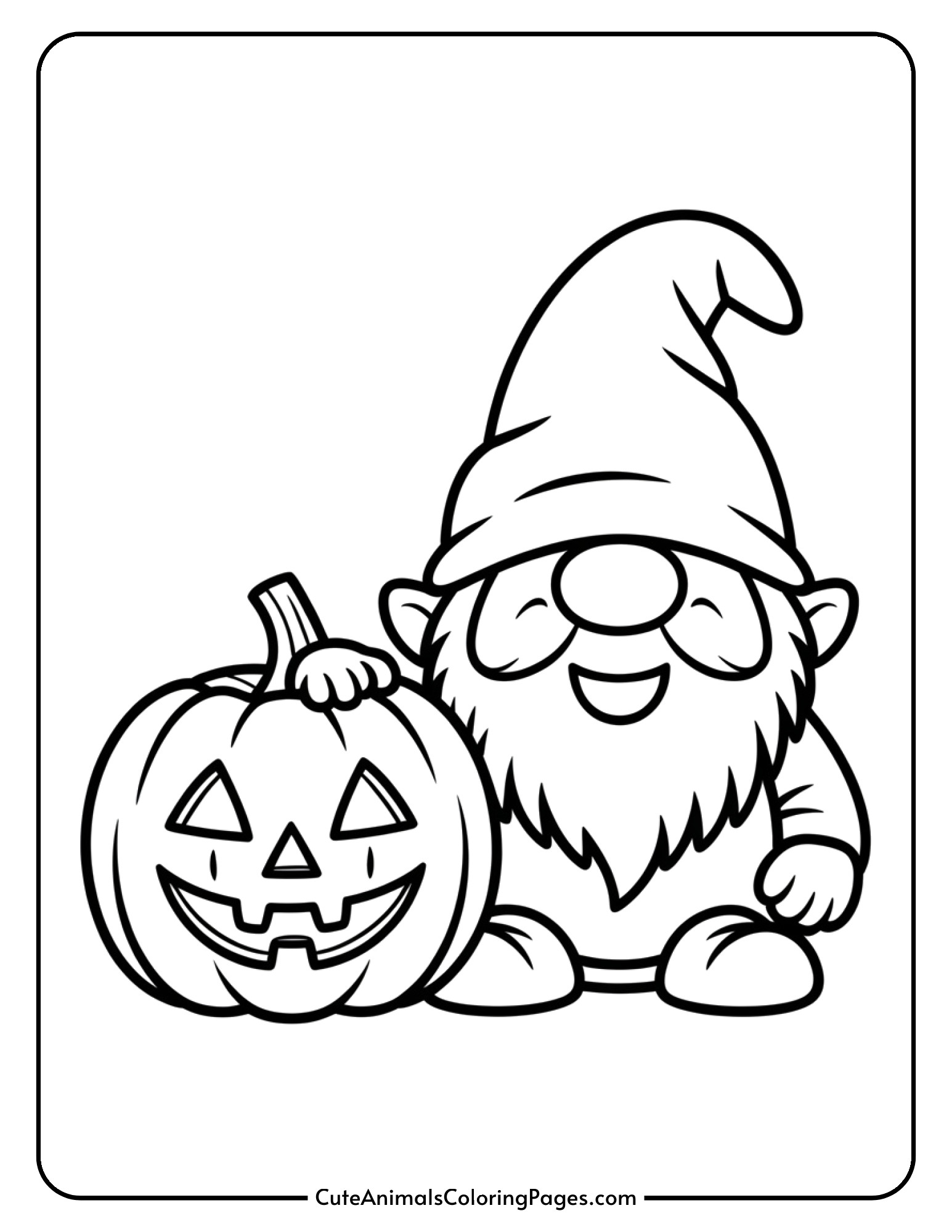 A happy gnome sits beside a classic carved jack-o-lantern with a triangular smile.