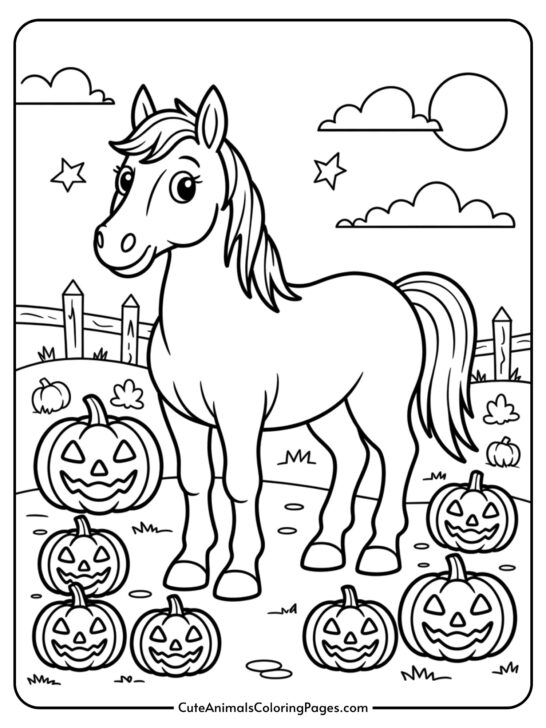 A cheerful horse stands among several carved pumpkins in a festive pumpkin patch.