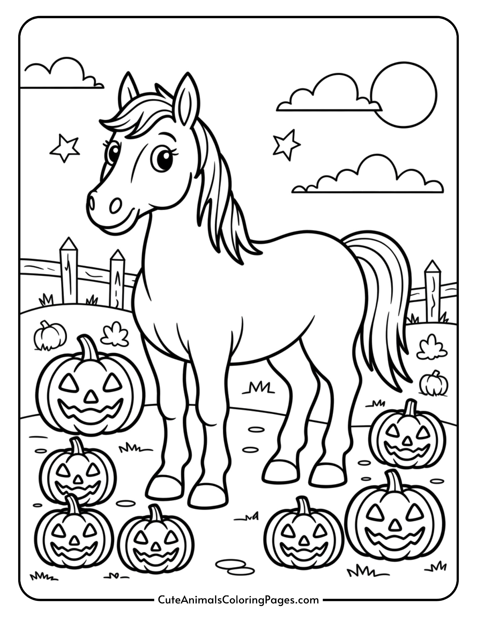 A cheerful horse stands among several carved pumpkins in a festive pumpkin patch.