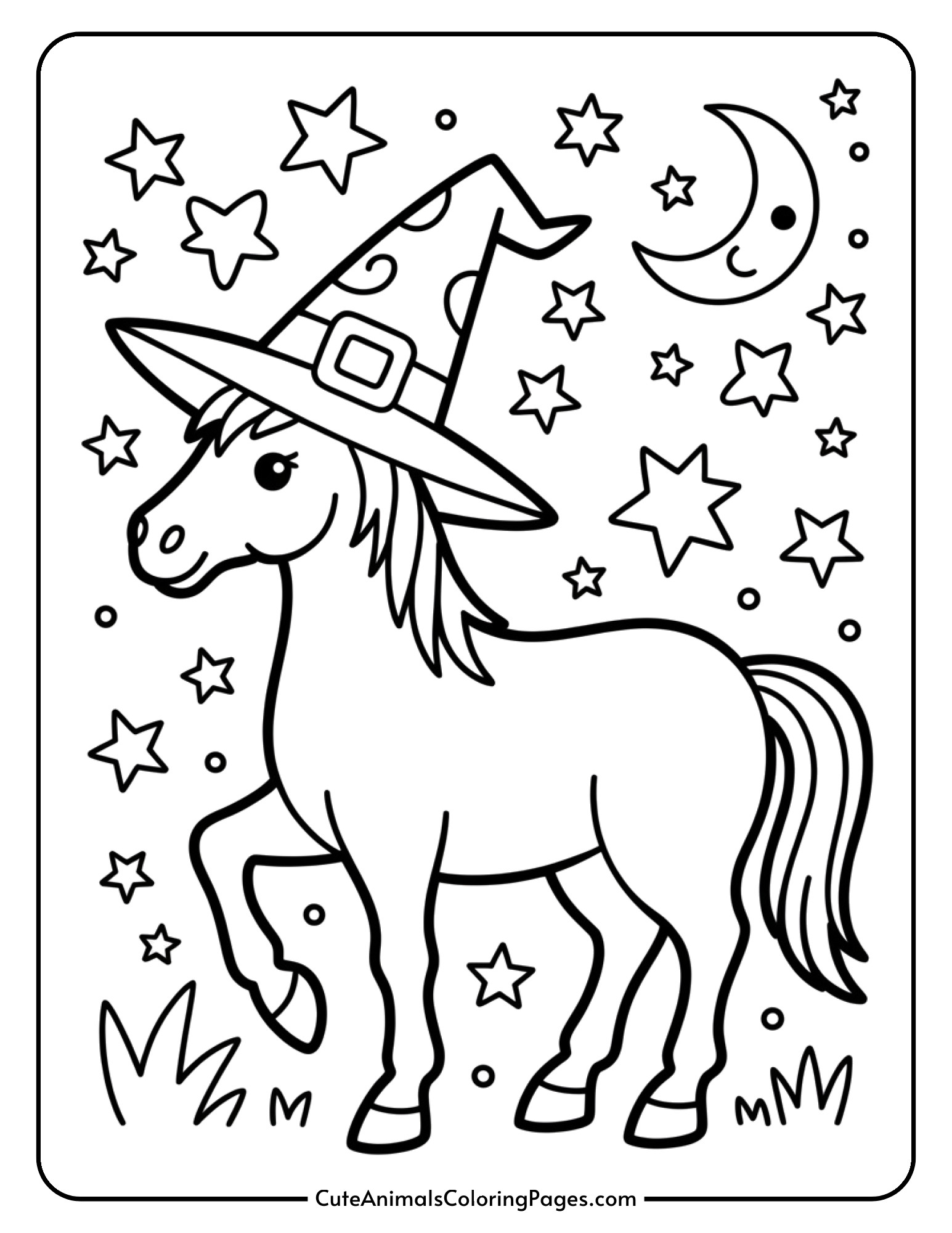 A horse wears a tall pointed witch hat decorated with stars and a crescent moon.