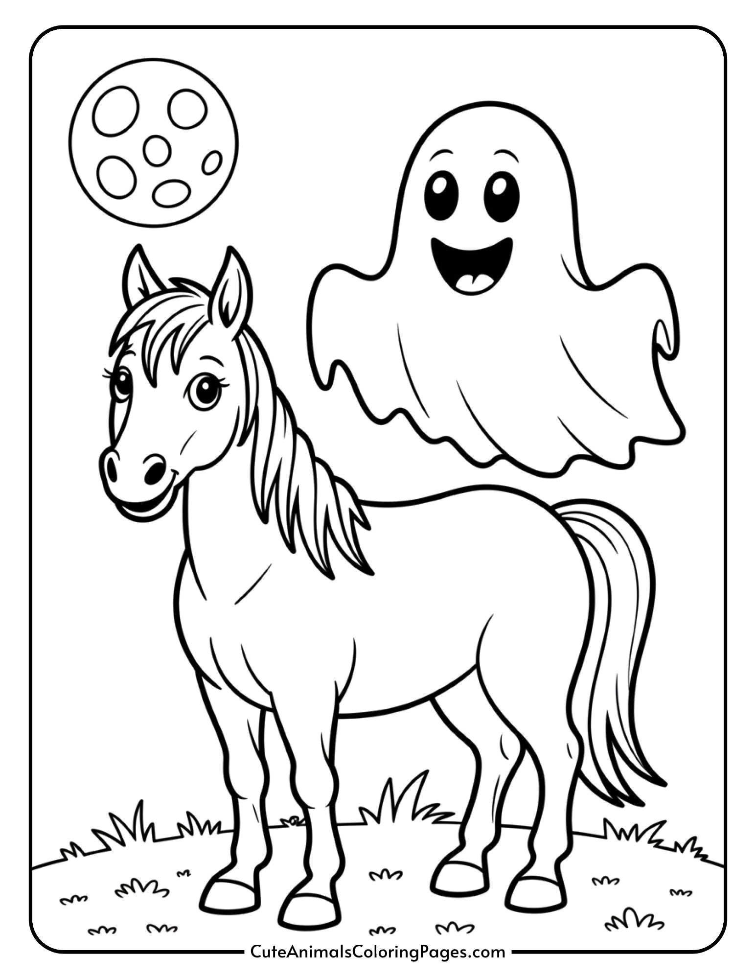 A horse and a friendly ghost with a happy face stand together beneath a full moon.