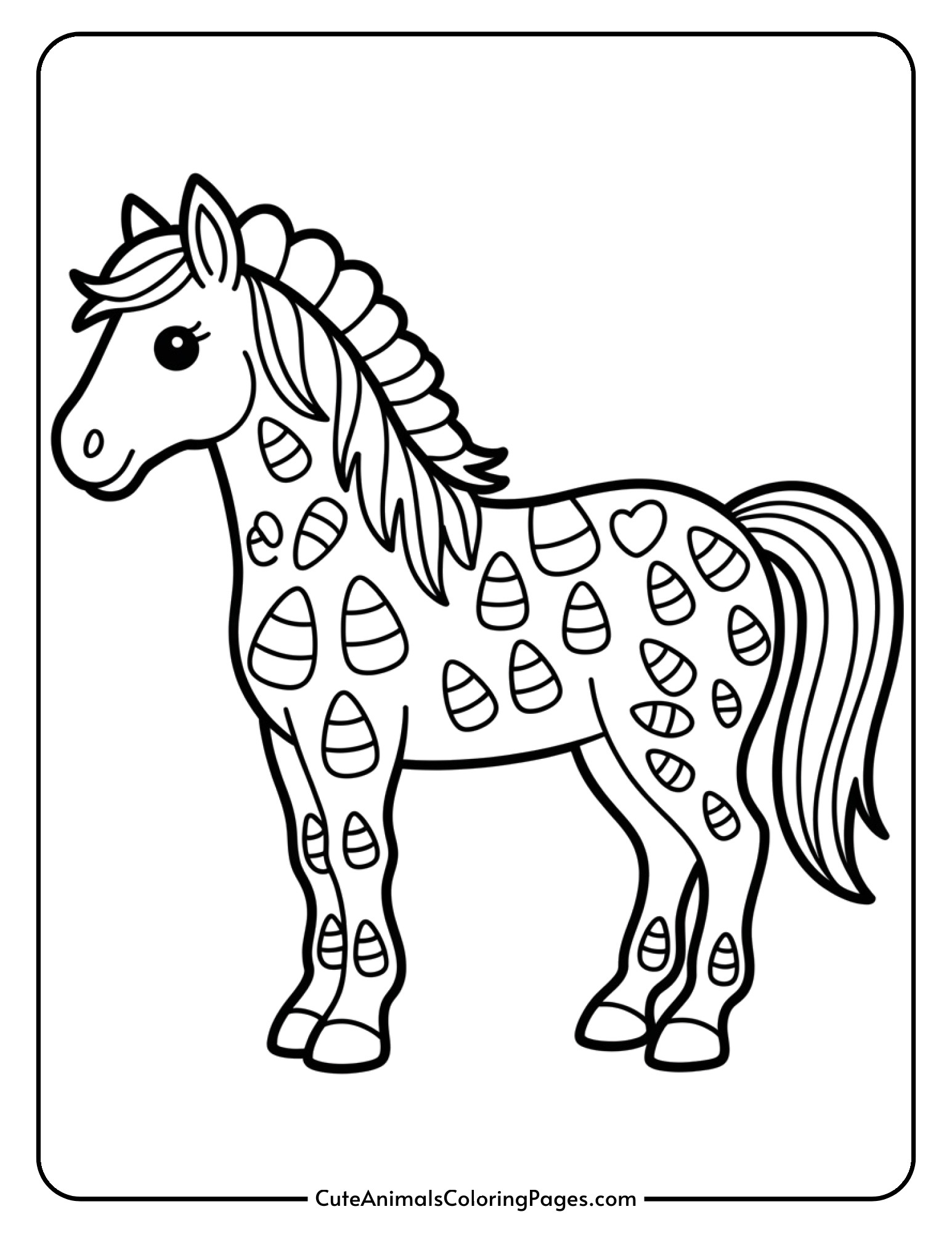 A horse features candy corn inspired stripes and patterns across its body and flowing mane.
