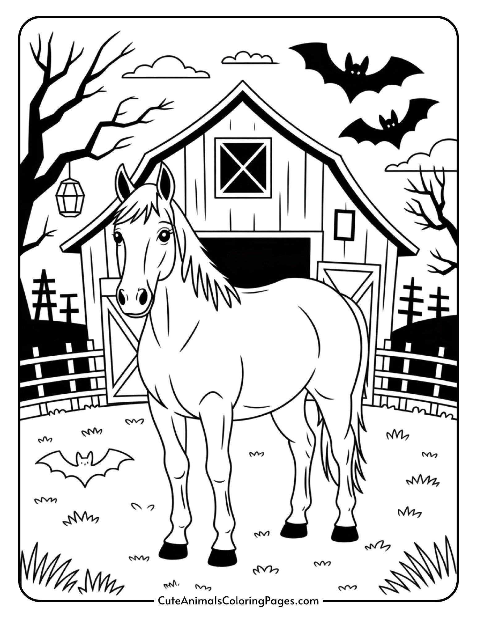 A horse stands before a weathered barn while several bats fly through the night sky above.
