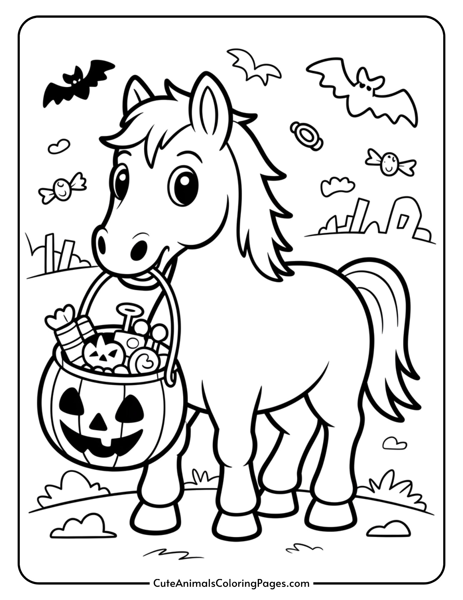 A cheerful horse carries a bucket filled with Halloween candy and treats.
