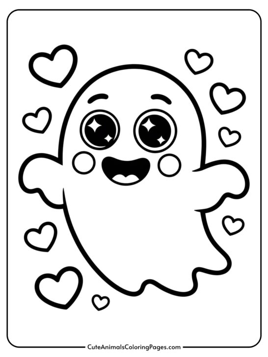A friendly kawaii ghost with large eyes and blushing cheeks floats happily surrounded by tiny hearts.