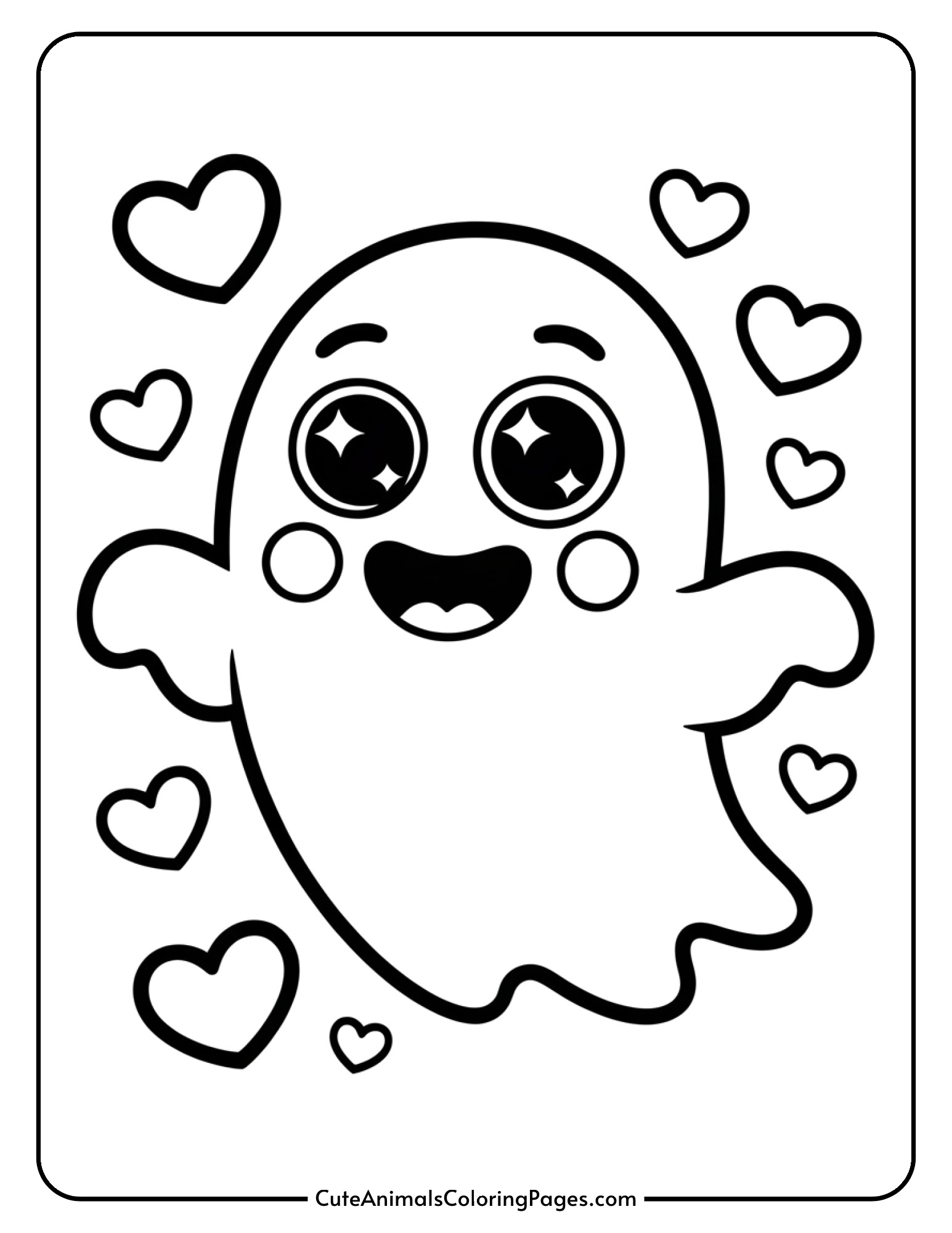 A friendly kawaii ghost with large eyes and blushing cheeks floats happily surrounded by tiny hearts.