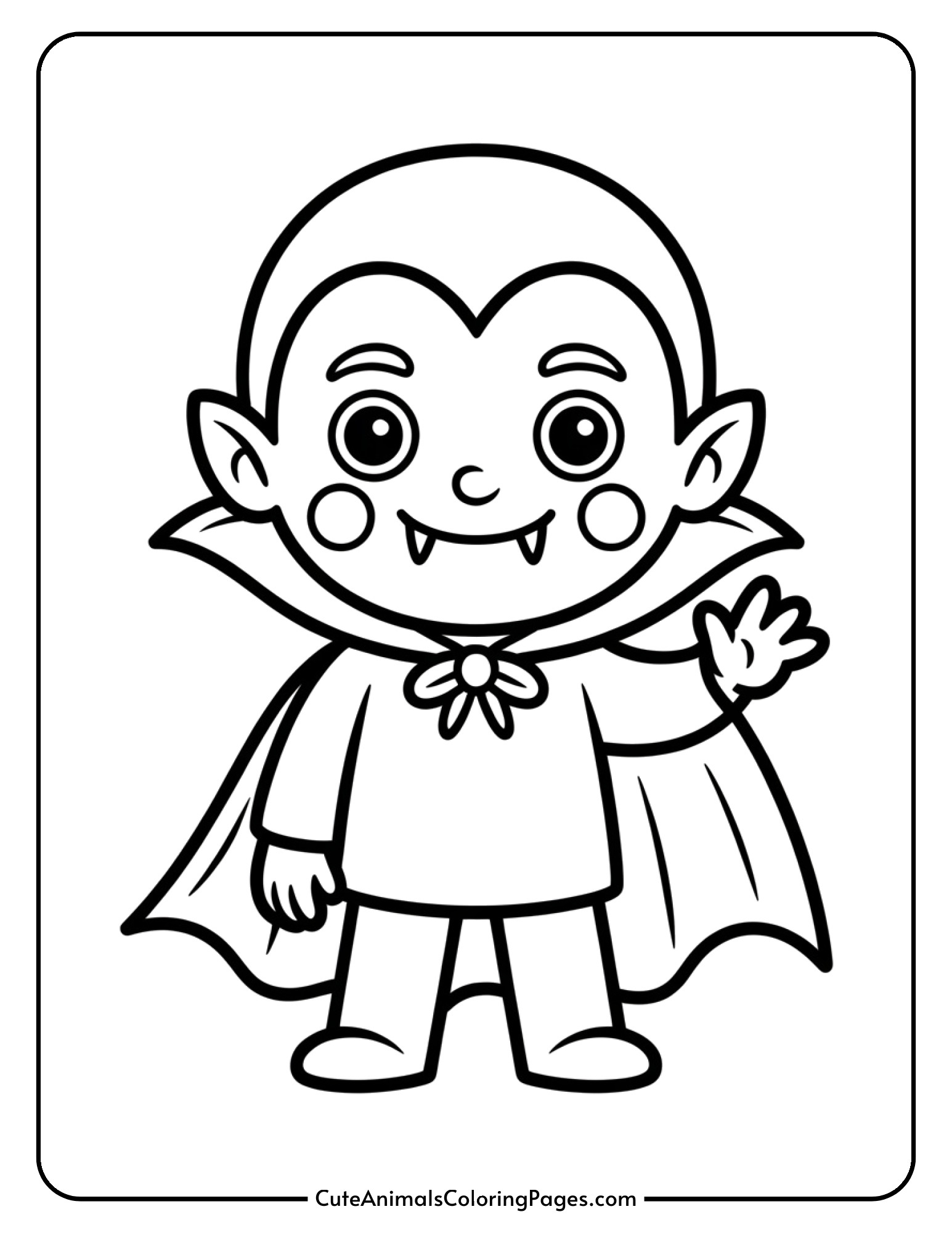 A kawaii vampire with a flowing cape and small fangs waves sweetly with blushing cheeks.