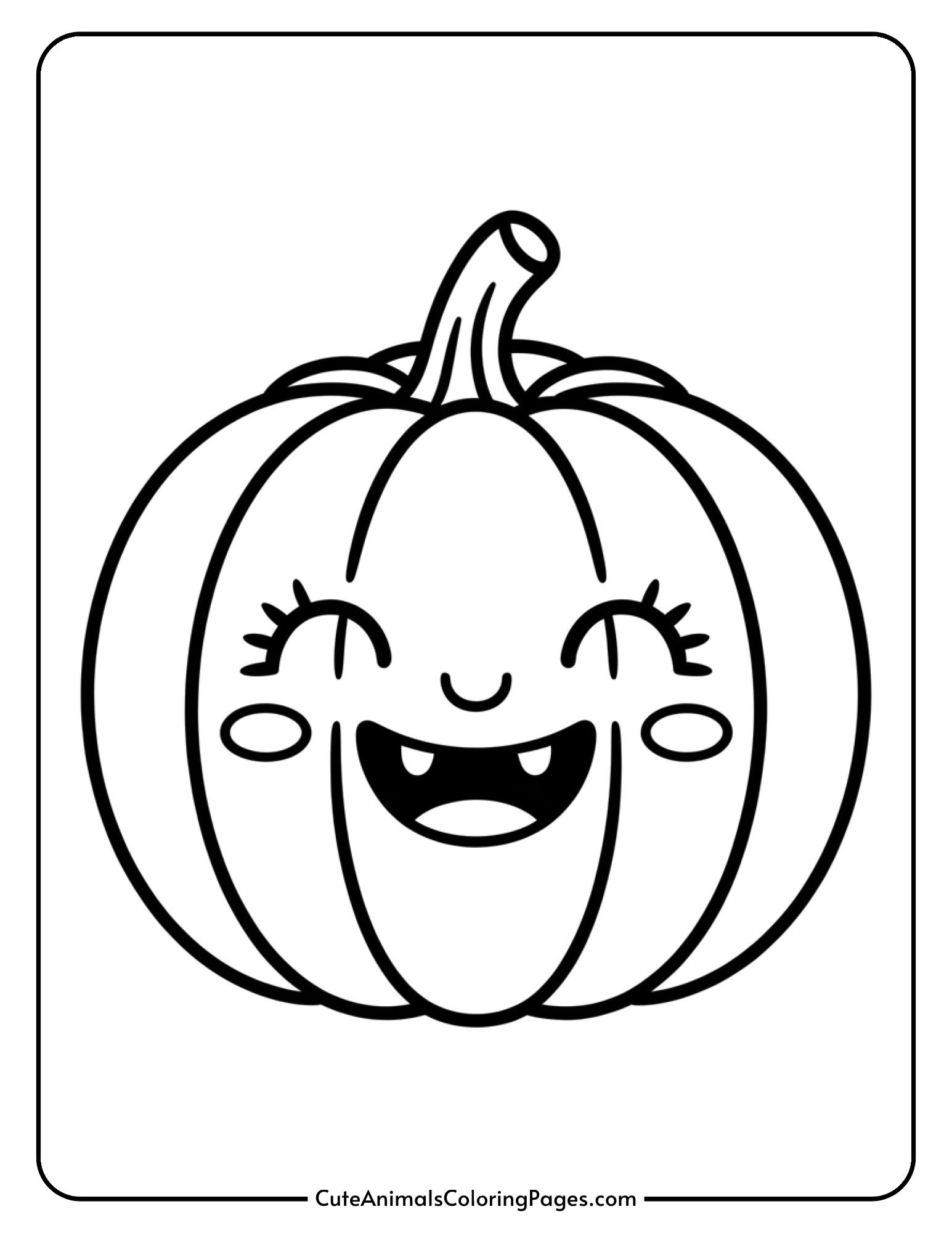 A chubby kawaii pumpkin with a sweet smile and blushing cheeks sits ready to be colored.