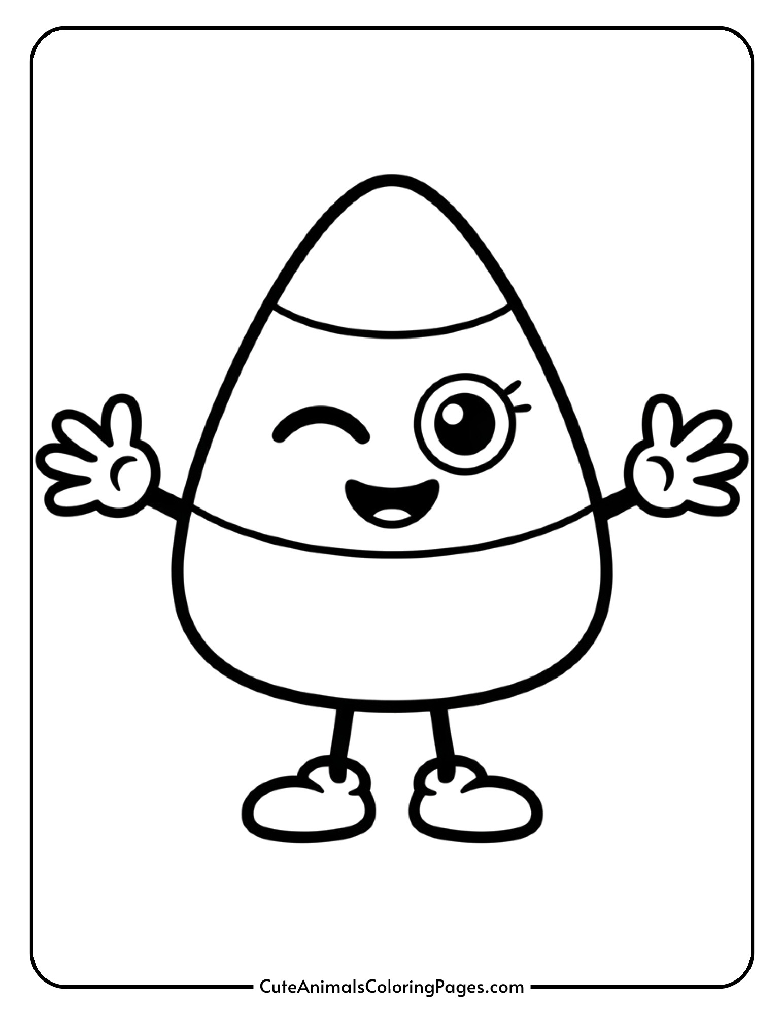 A kawaii candy corn with little arms and legs winks cheerfully with a big smile.