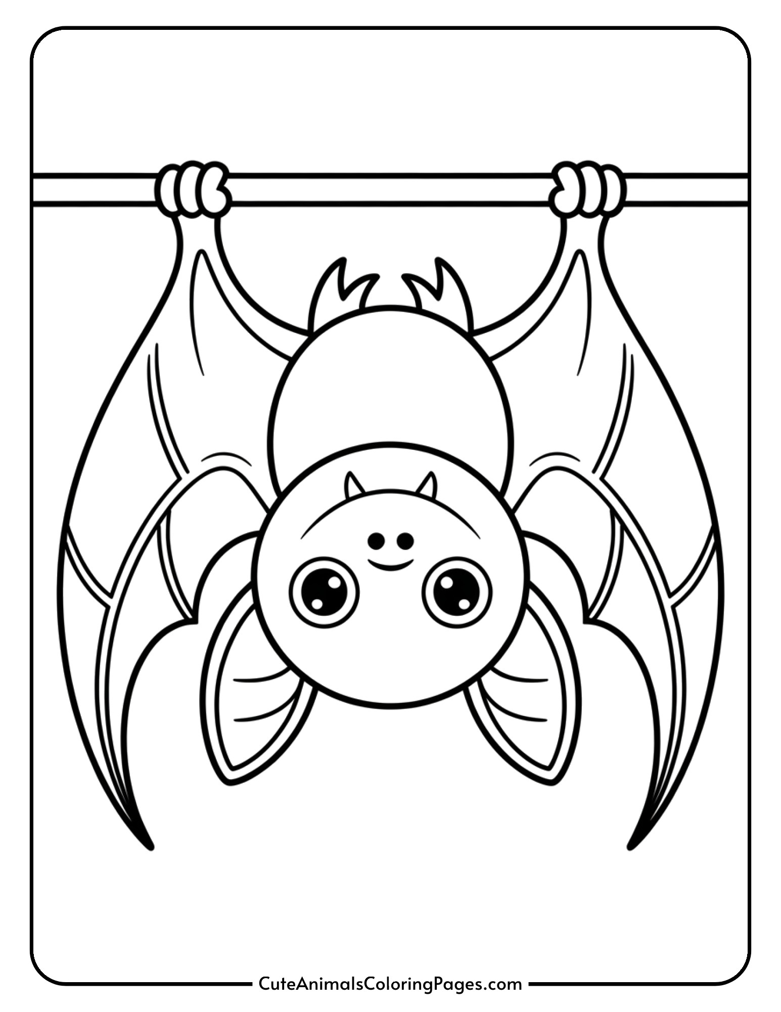 A kawaii bat hangs upside down with oversized eyes and a friendly toothy smile.