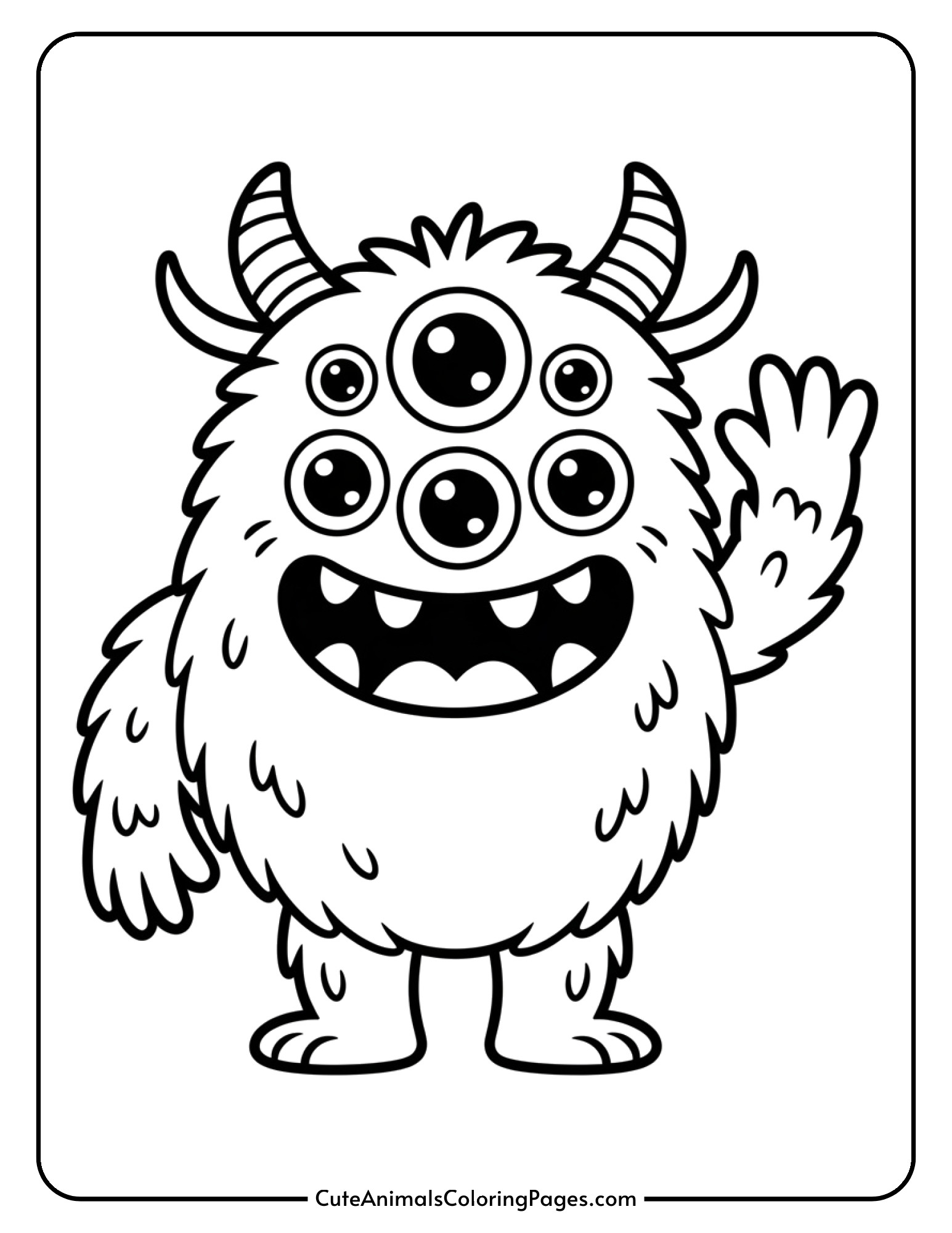 A fluffy kawaii monster with several eyes and tiny horns waves happily with a big grin.
