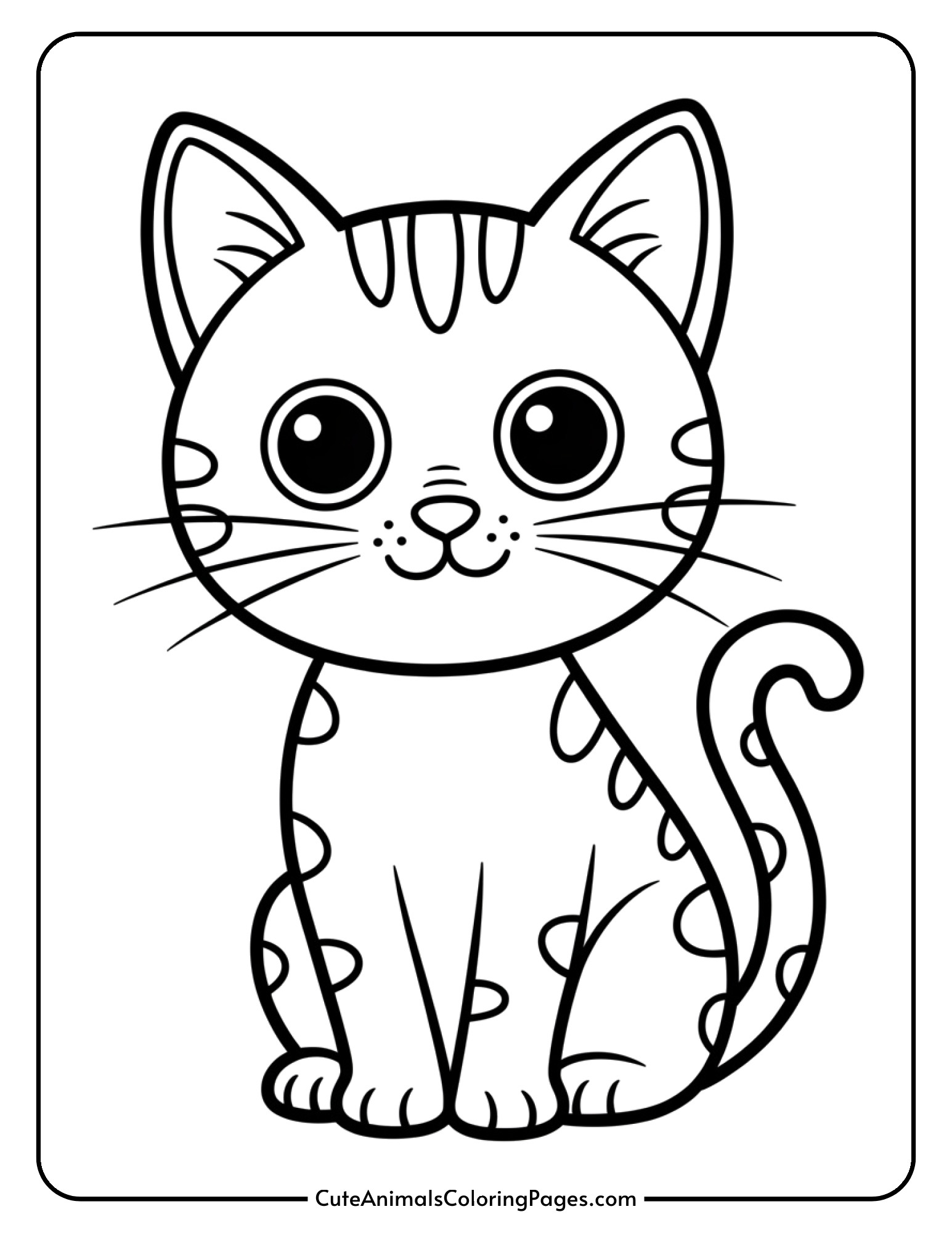 A kawaii black cat sits sweetly with enormous eyes and a curled tail ending in a heart shape.