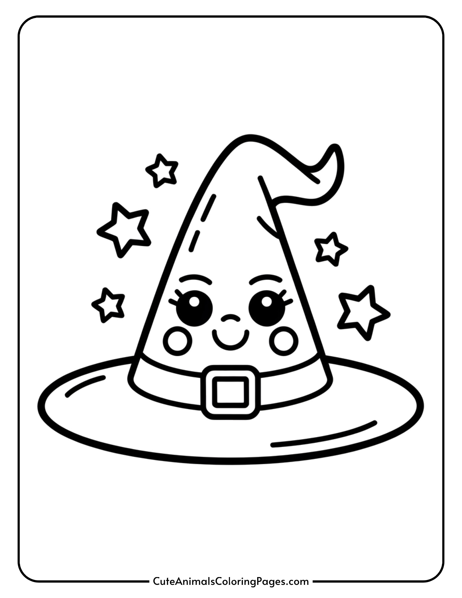 A kawaii witch hat with a sweet smiling face is surrounded by twinkling stars.