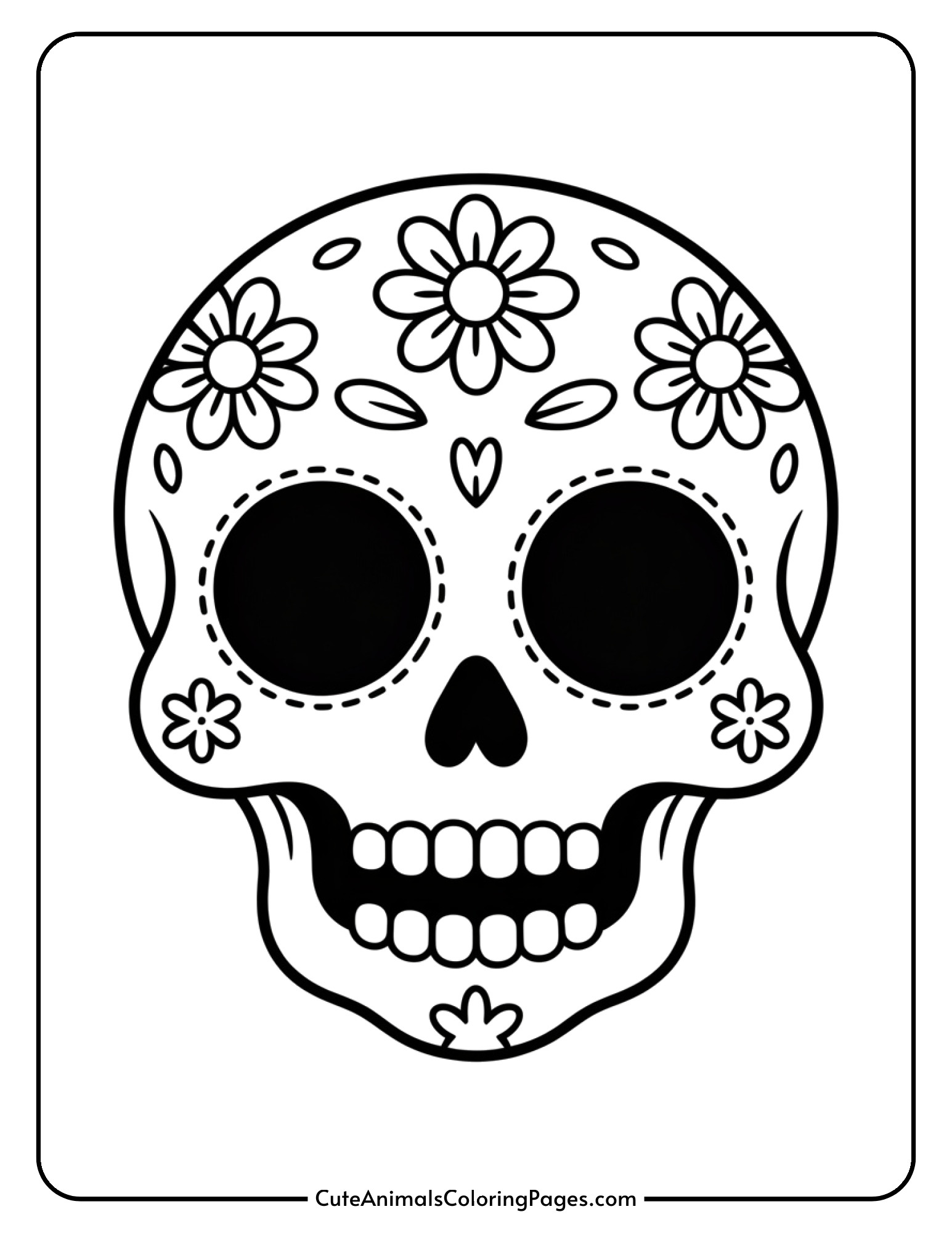A kawaii skull decorated with flowers smiles brightly with large friendly eyes.