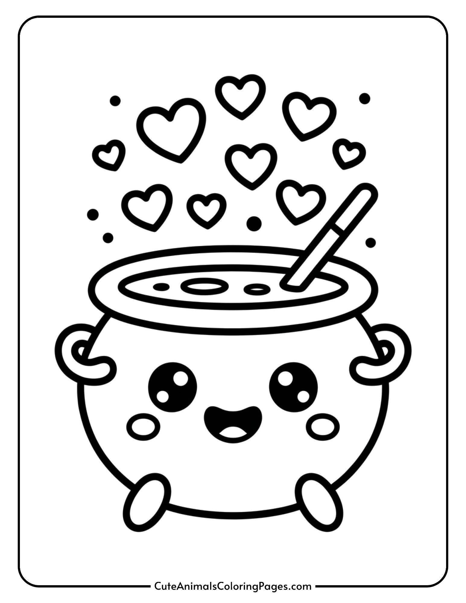 A kawaii cauldron with a happy face bubbles cheerfully as heart-shaped steam rises from it.
