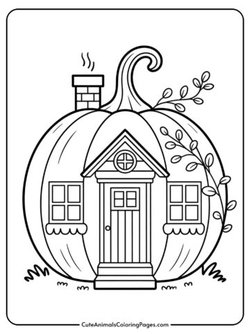 A charming cottage designed as a pumpkin with a wooden door, round windows, and a smoking chimney.