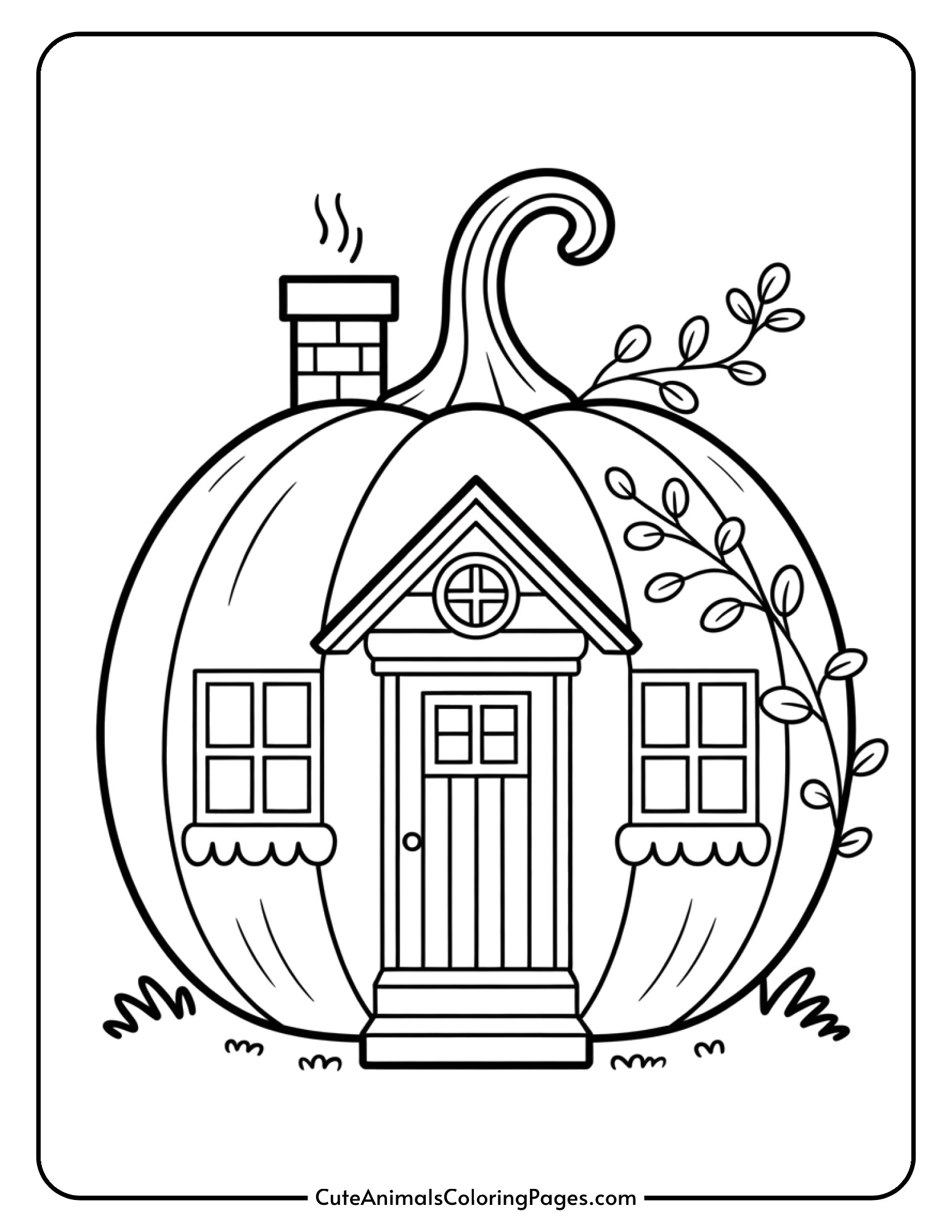 A charming cottage designed as a pumpkin with a wooden door, round windows, and a smoking chimney.