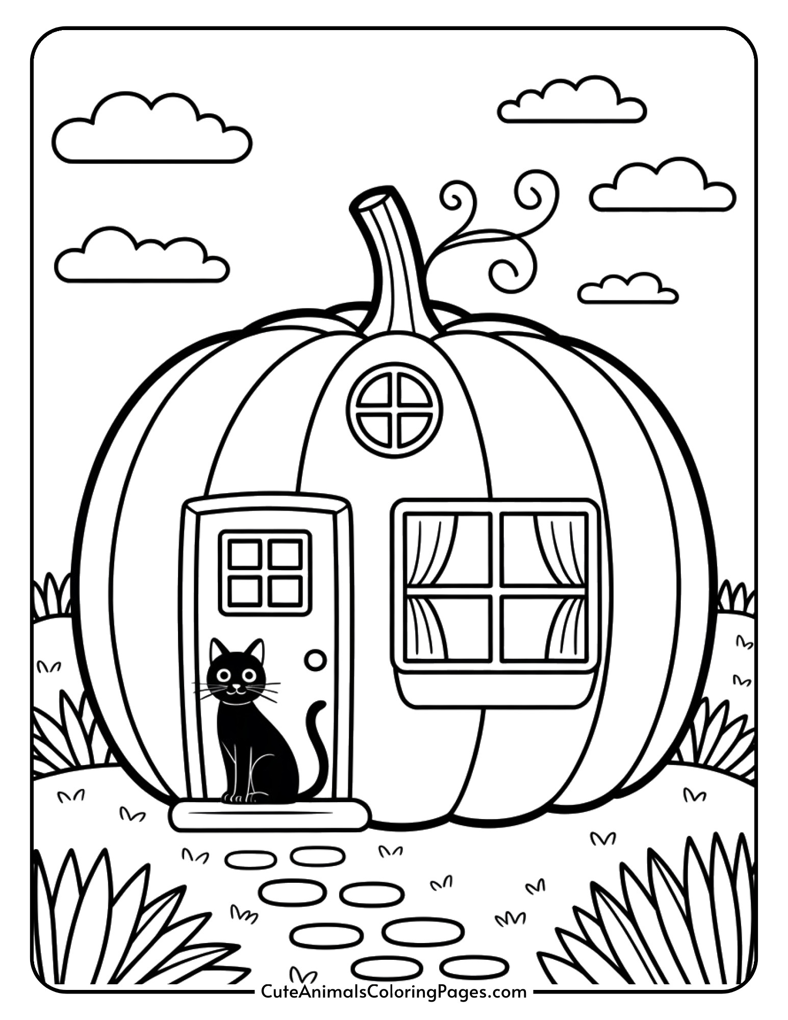 A classic house shaped like a pumpkin with a black cat sitting by the door, a window with curtains, and a stone pathway.