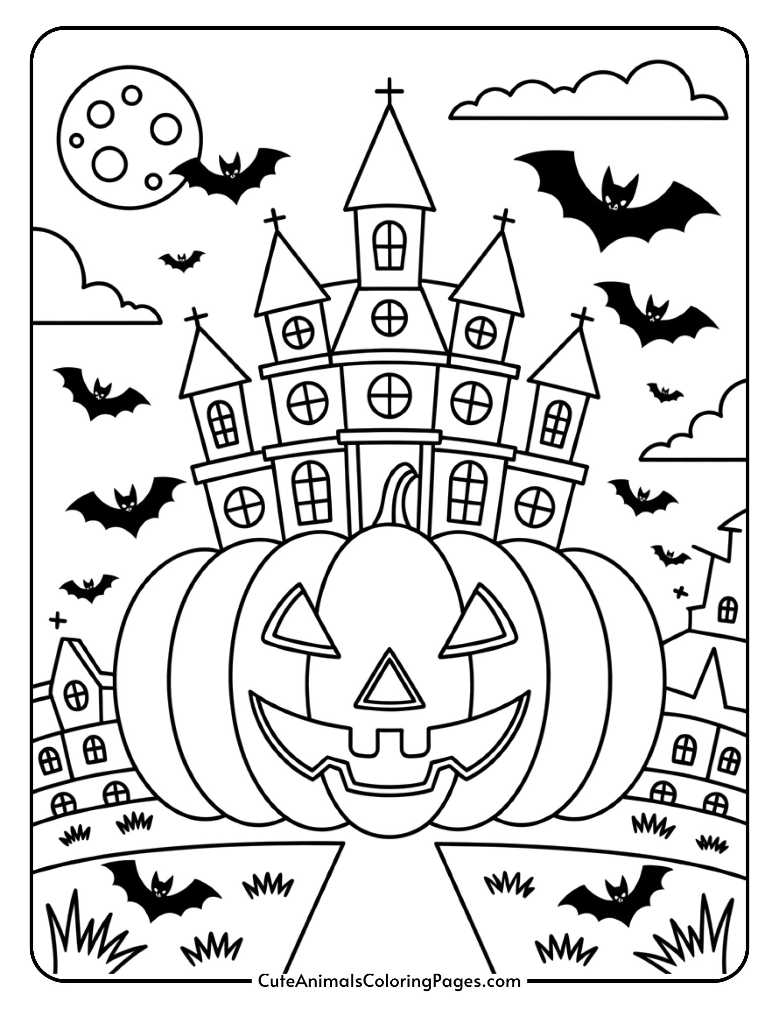A grand mansion designed as a giant pumpkin with towers, many windows, flying bats, and a full moon in the background.