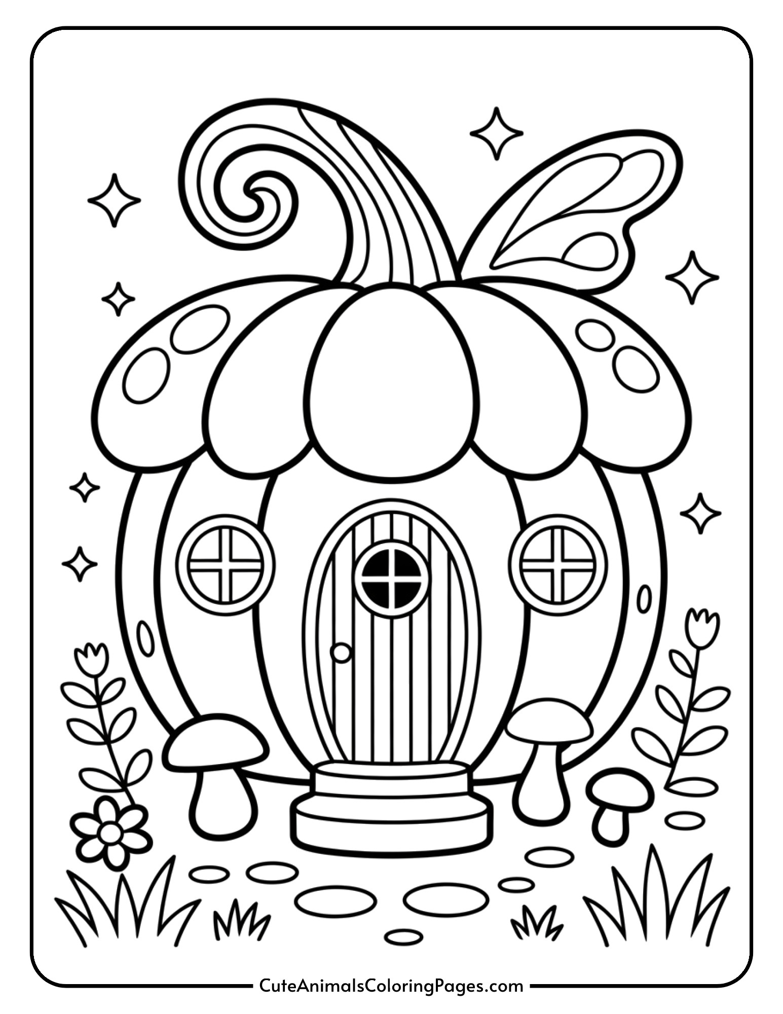 A fairy-tale house shaped like a pumpkin with mushroom steps, a small round door, surrounding flowers, and magical sparkles.