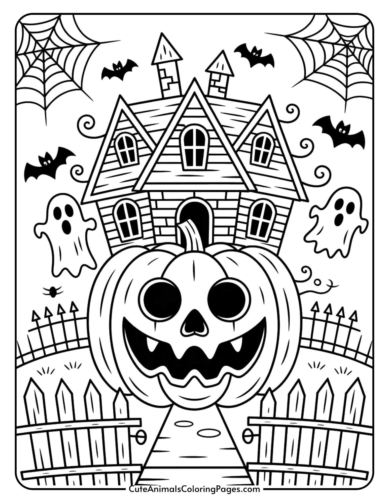 A haunted house designed as a pumpkin with crooked windows, spider webs in corners, floating ghosts, and a twisted fence.