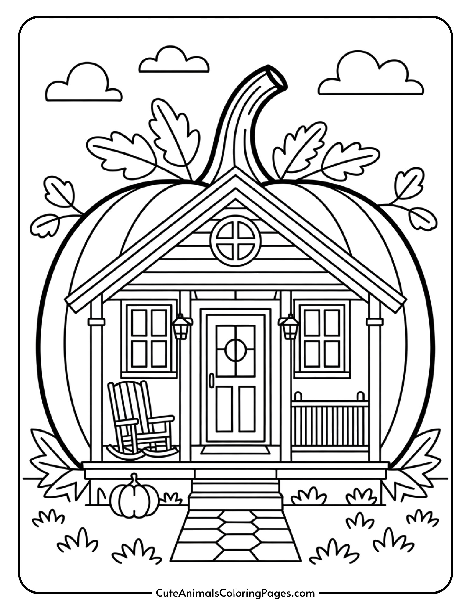 A cozy bungalow designed as a pumpkin with a front porch, rocking chair, welcome mat, and scattered autumn leaves.