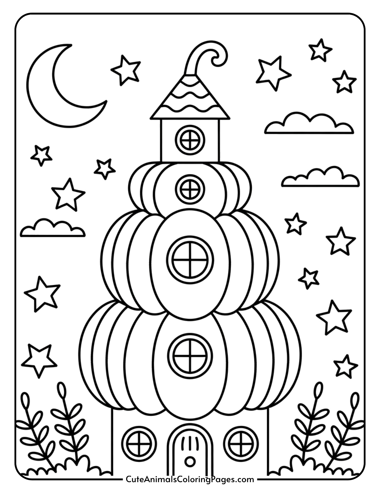 A tall tower house designed as stacked pumpkins with spiral stairs, a pointed witch hat roof, stars, and a crescent moon.