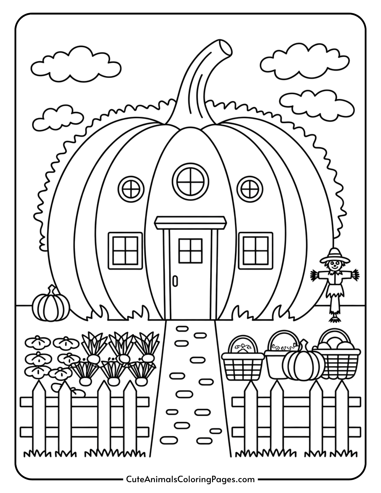 A house shaped like a pumpkin surrounded by a vegetable garden, friendly scarecrow, white picket fence, and harvest baskets.