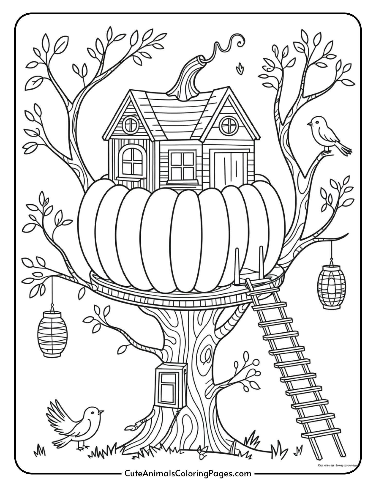 A treehouse built into a giant pumpkin with a rope ladder, surrounding tree branches, birds, and hanging lanterns.
