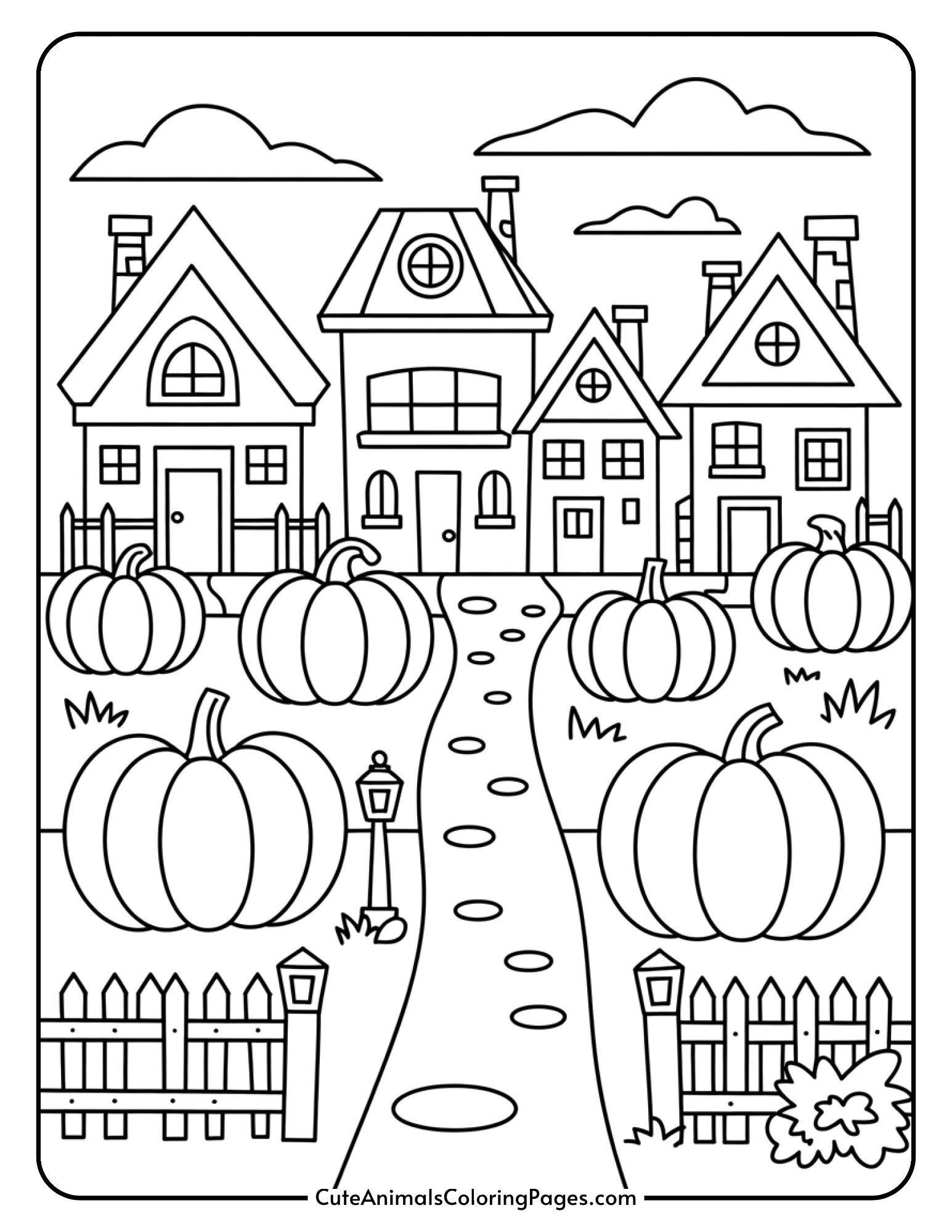 A village scene with several houses all shaped like different sized pumpkins, connected by a path with lamp posts and fencing.
