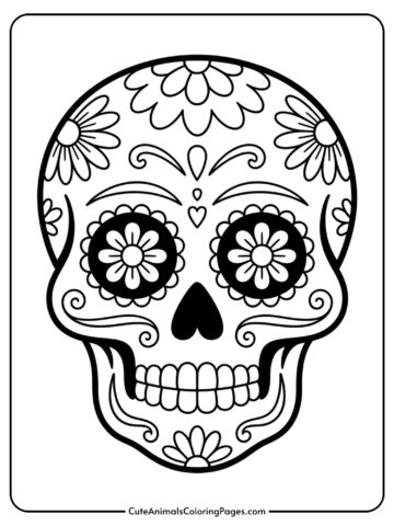 A cheerful sugar skull with intricate floral patterns and decorative swirls perfect for coloring.