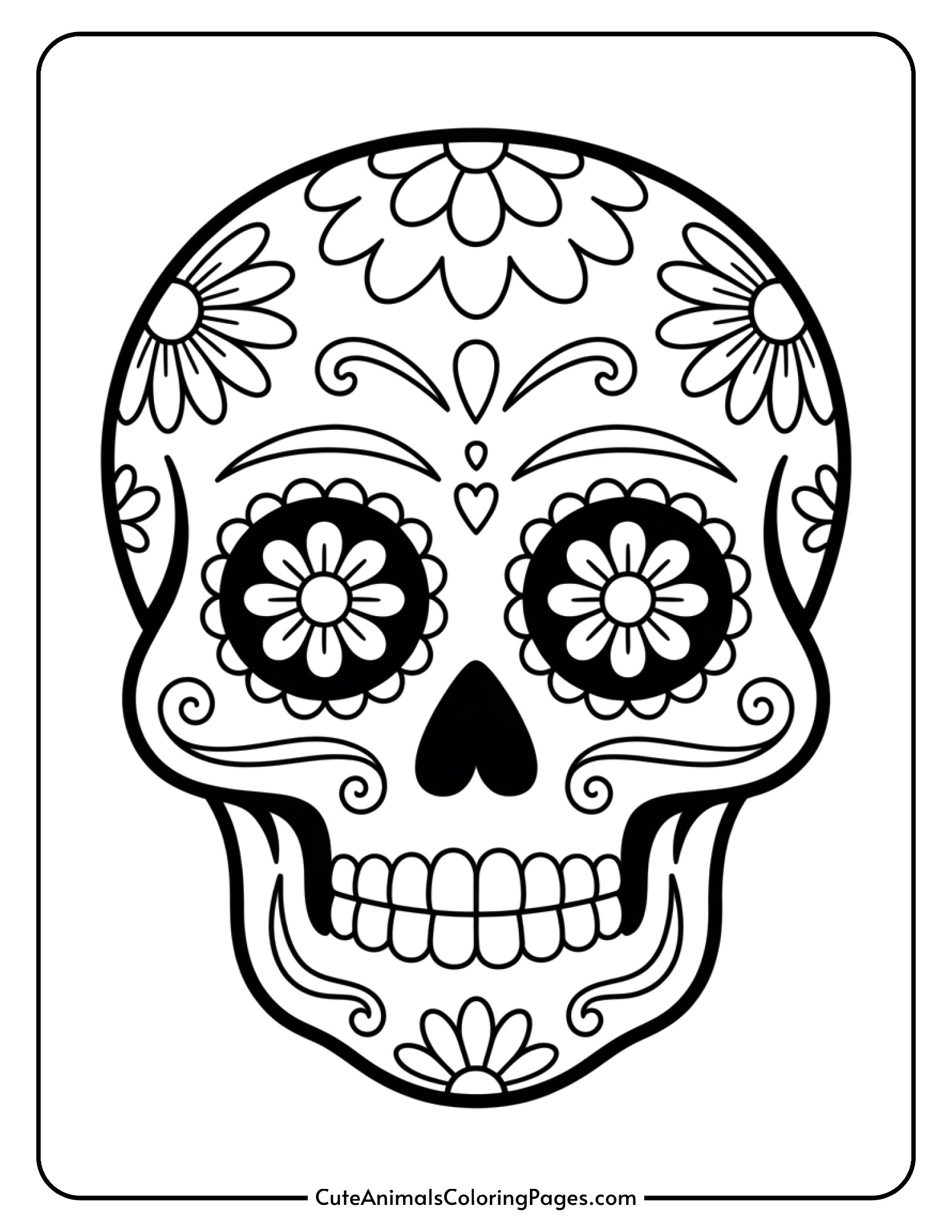 A cheerful sugar skull with intricate floral patterns and decorative swirls perfect for coloring.