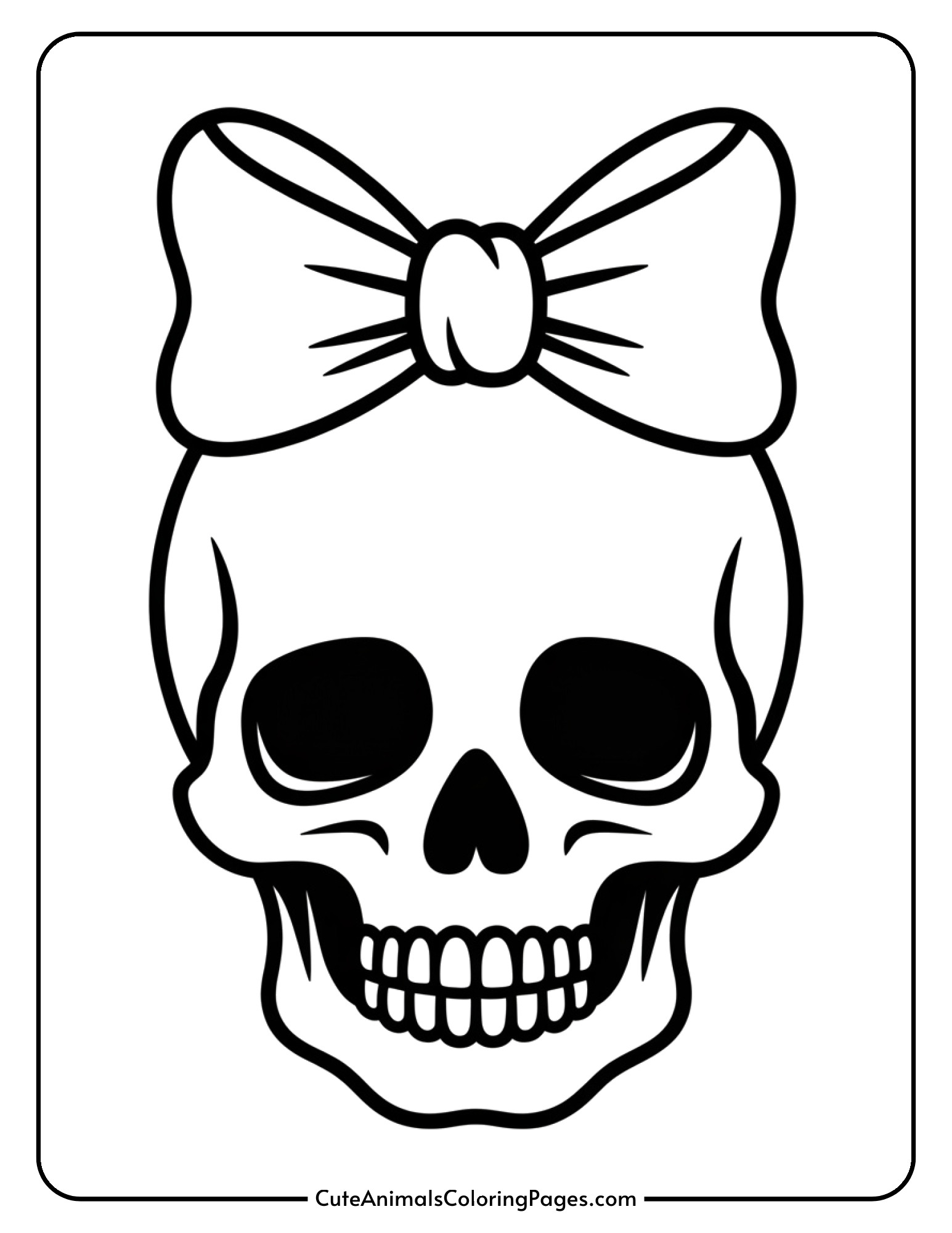 A playful skull decorated with a big bow on its head.