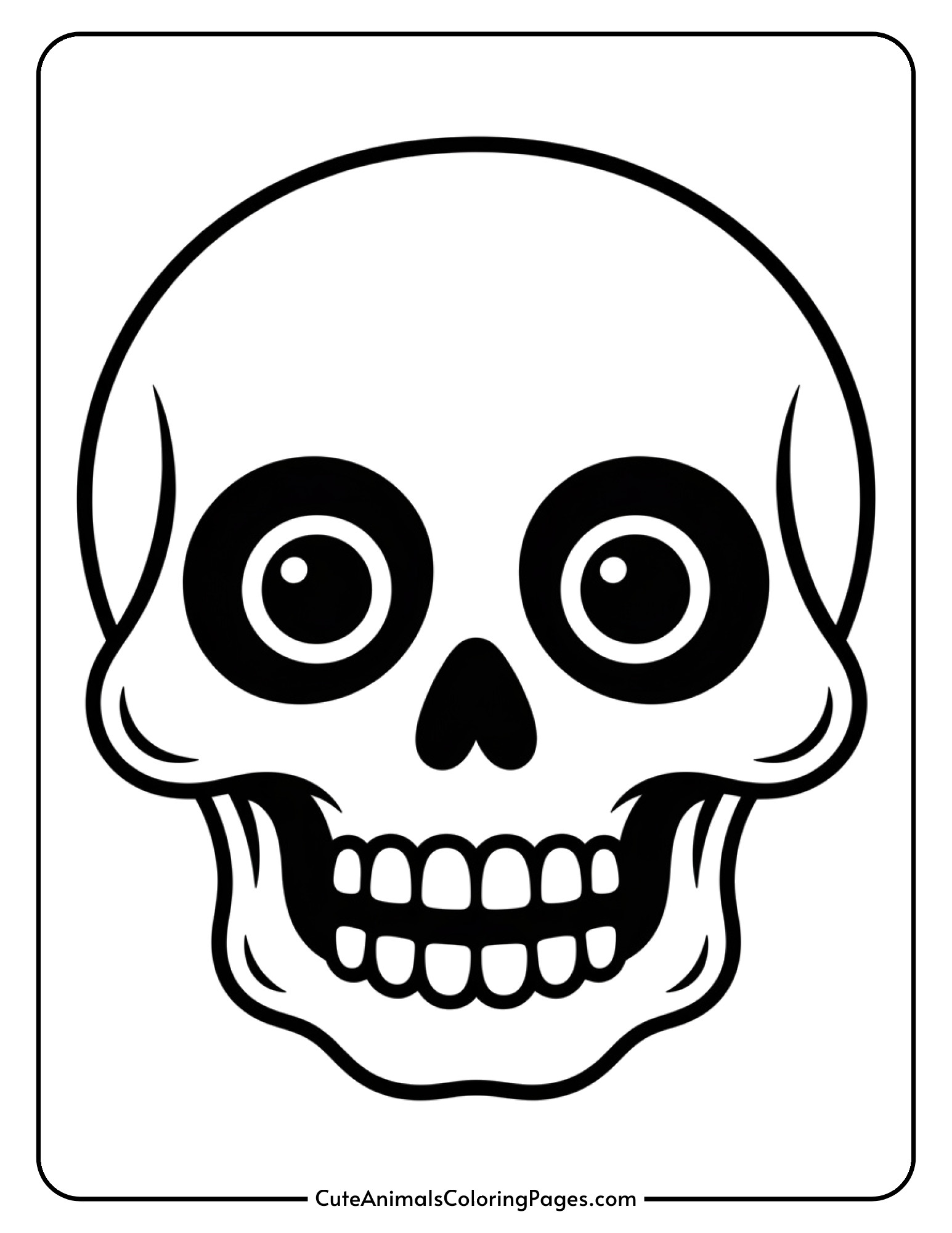 A friendly cartoon skull with oversized eyes and a wide smile designed for young children.