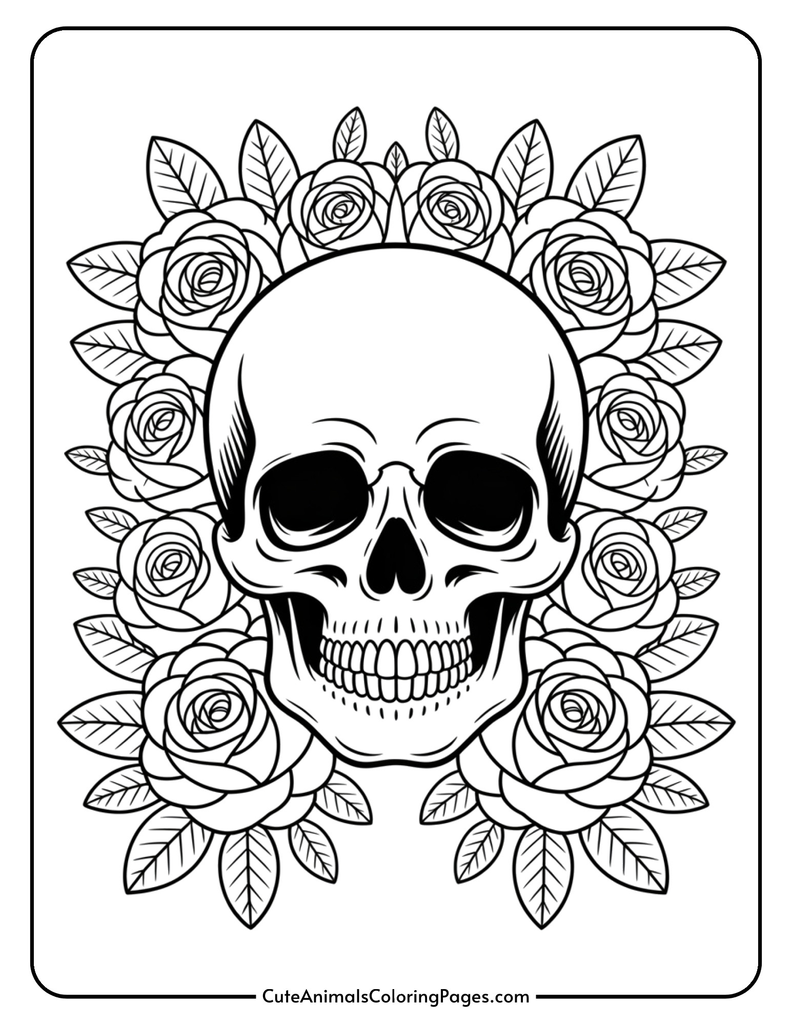A detailed skull framed by beautiful roses and foliage for Halloween coloring.