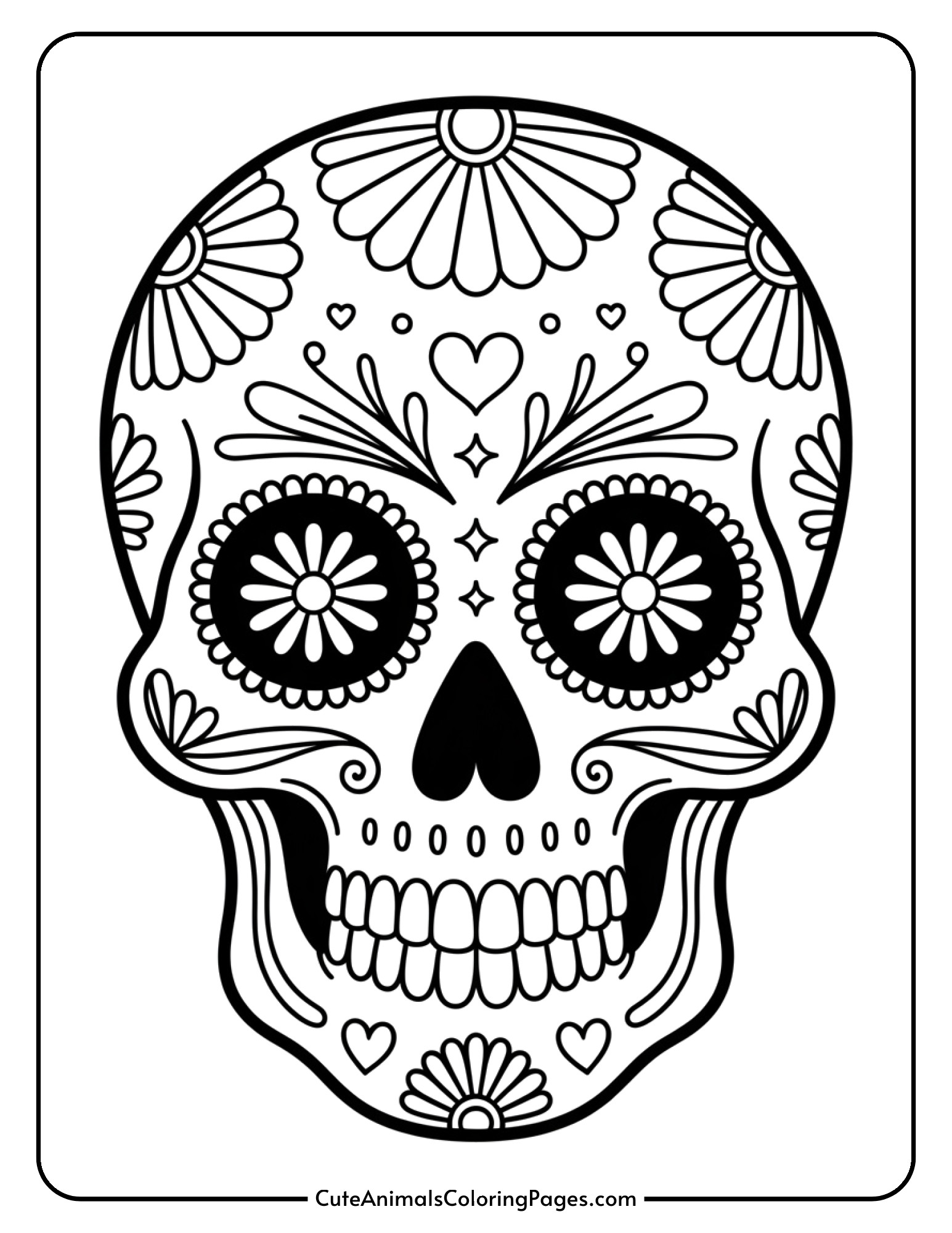 An ornate Day of the Dead style skull with hearts and geometric patterns.