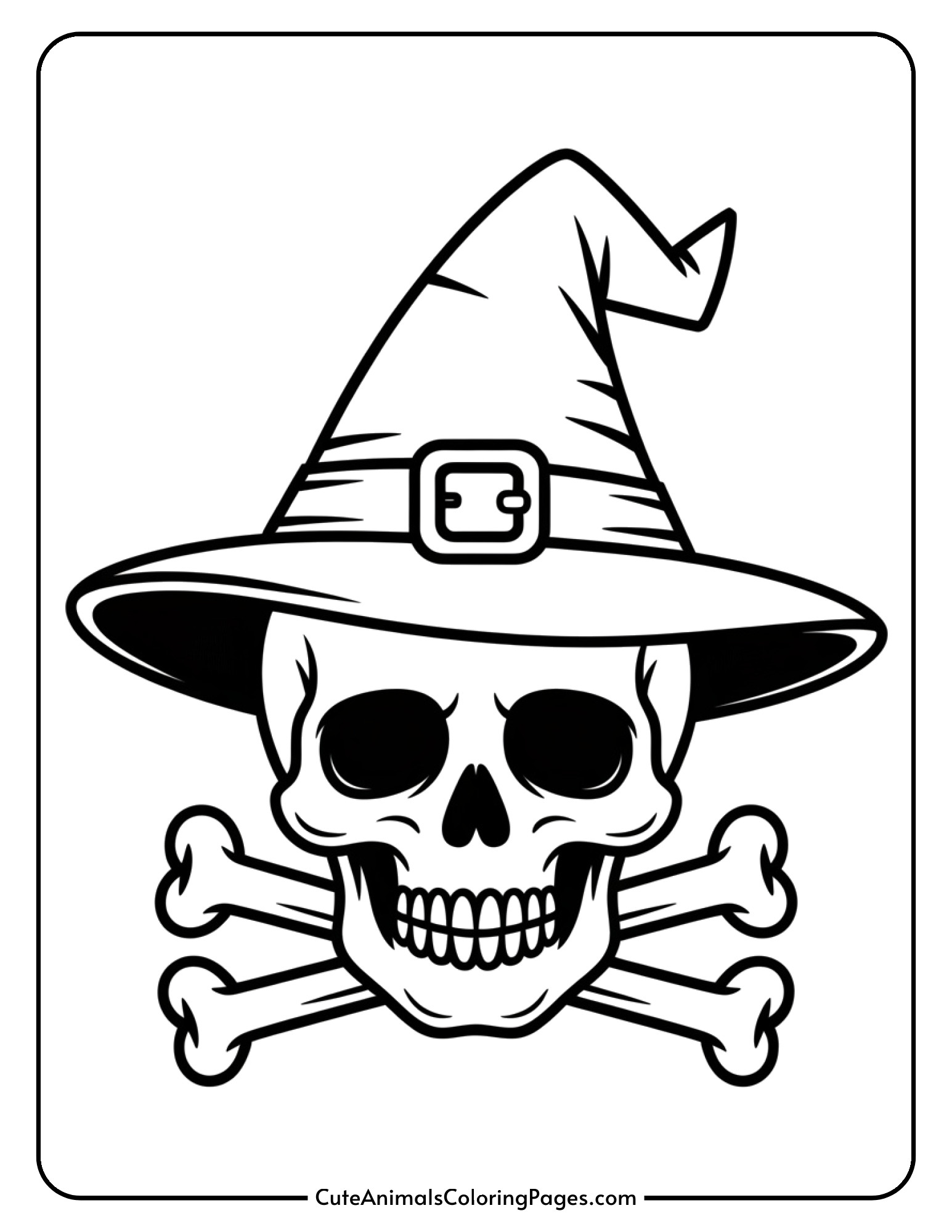A cheerful skull wearing a tall witch hat with a decorative buckle.