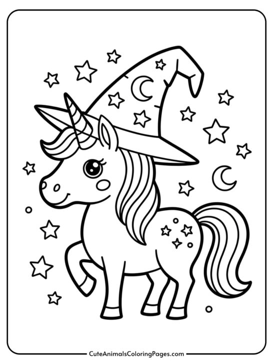 A unicorn wearing a tall witch hat decorated with stars and moons.