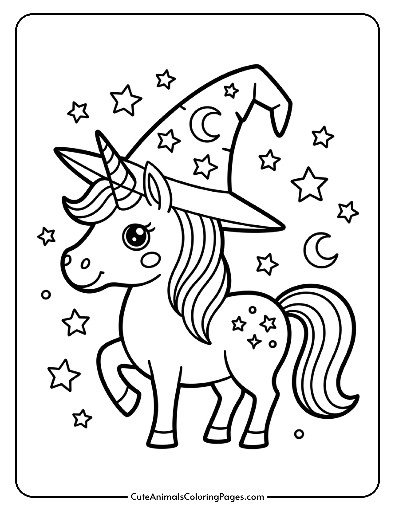 A unicorn wearing a tall witch hat decorated with stars and moons.