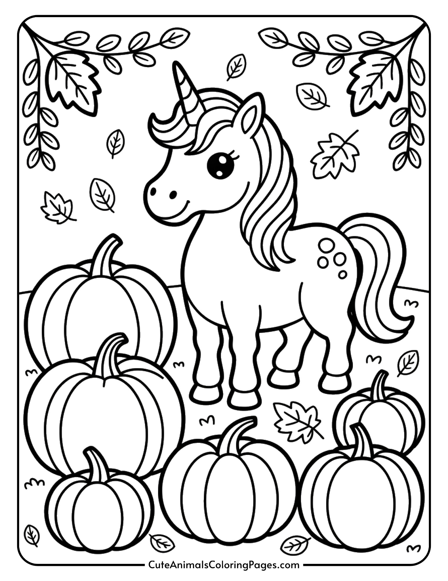 A unicorn standing in a pumpkin patch with pumpkins and fall leaves all around.