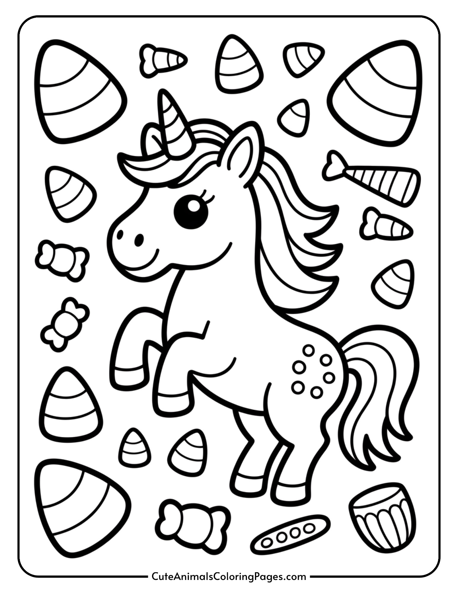A unicorn with a candy corn striped horn surrounded by candy corn candies.