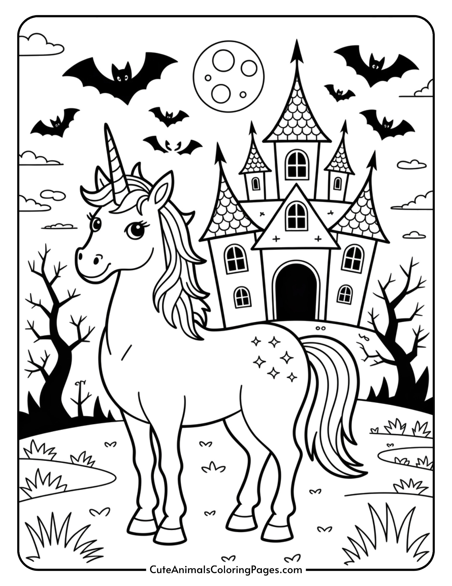 A unicorn standing before a spooky castle with flying bats and a full moon in the sky.
