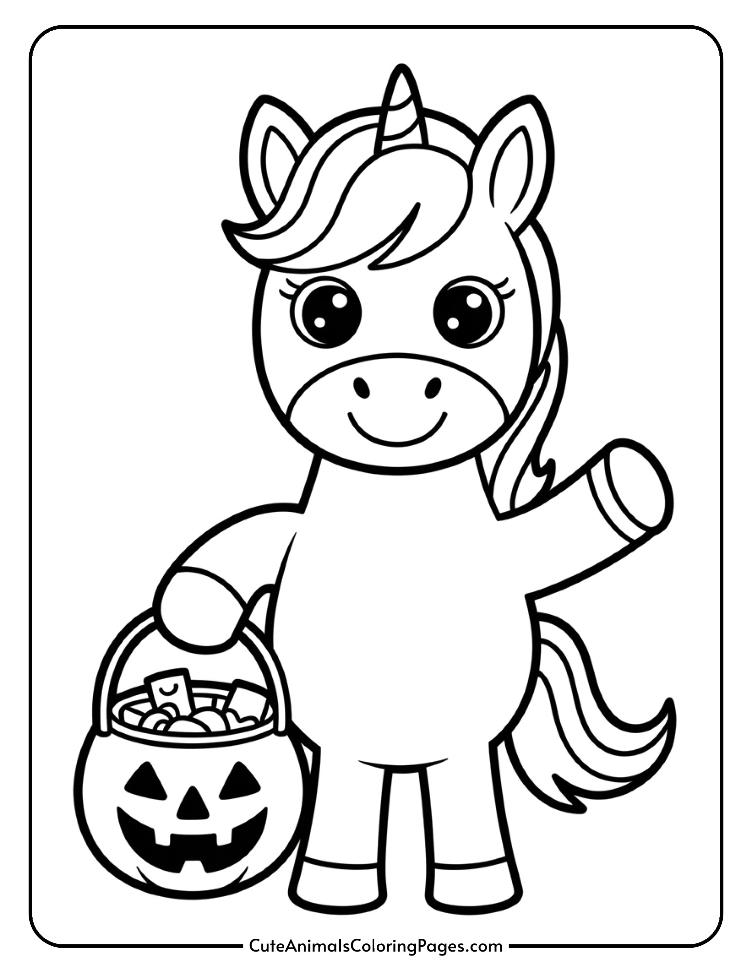 A unicorn holding a Halloween candy bucket filled with treats.