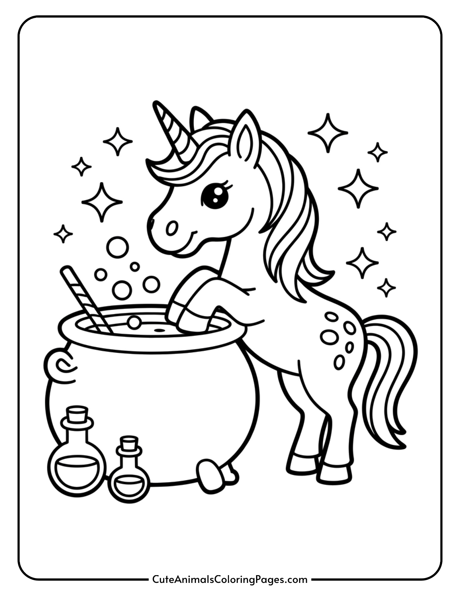 A unicorn next to a bubbling cauldron surrounded by magic potion bottles and sparkles.