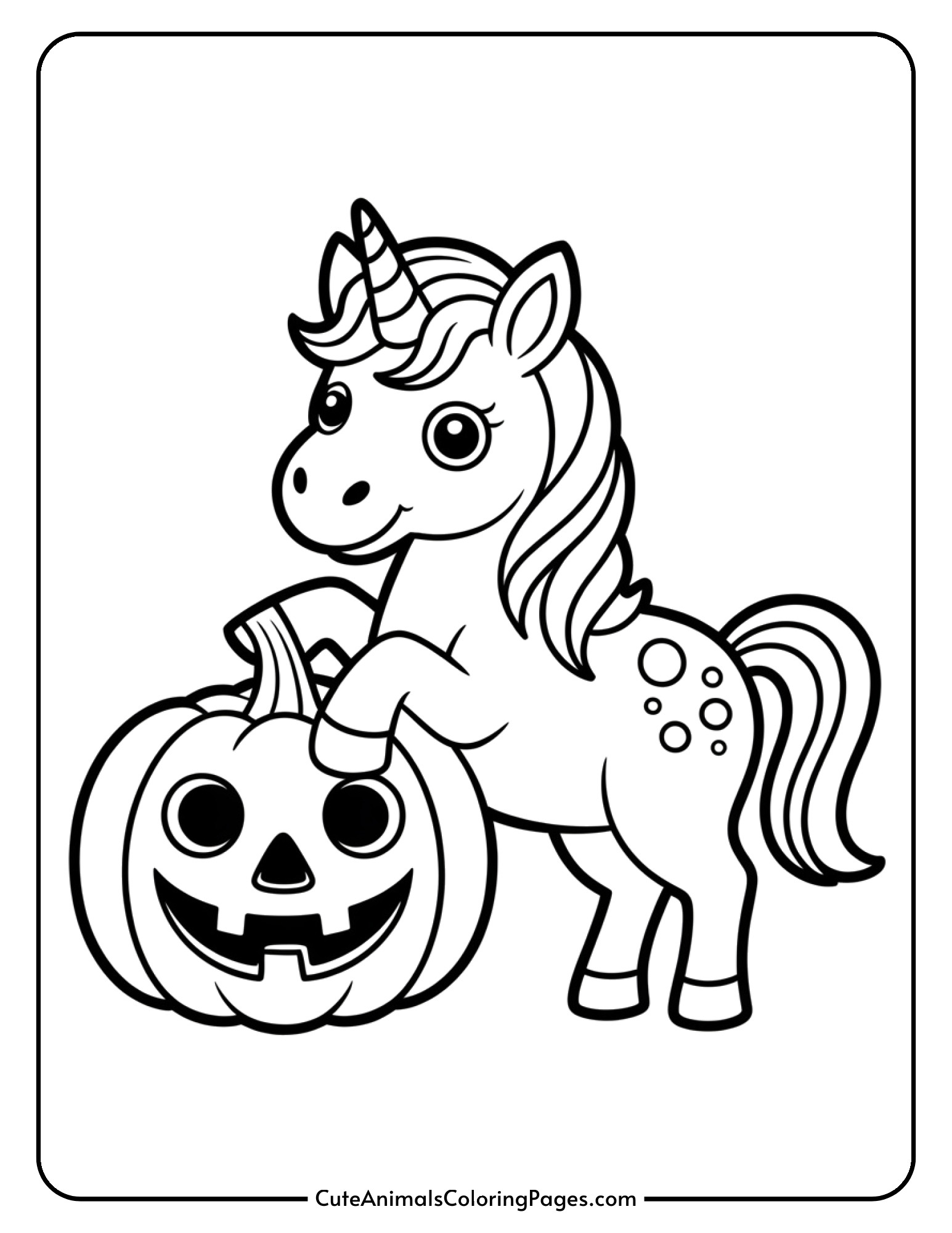 A unicorn standing next to a carved jack-o-lantern pumpkin with a smiling face.