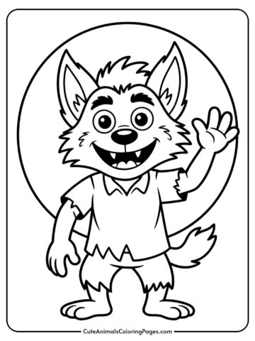 A friendly cartoon werewolf with a big smile waves hello under a full moon.