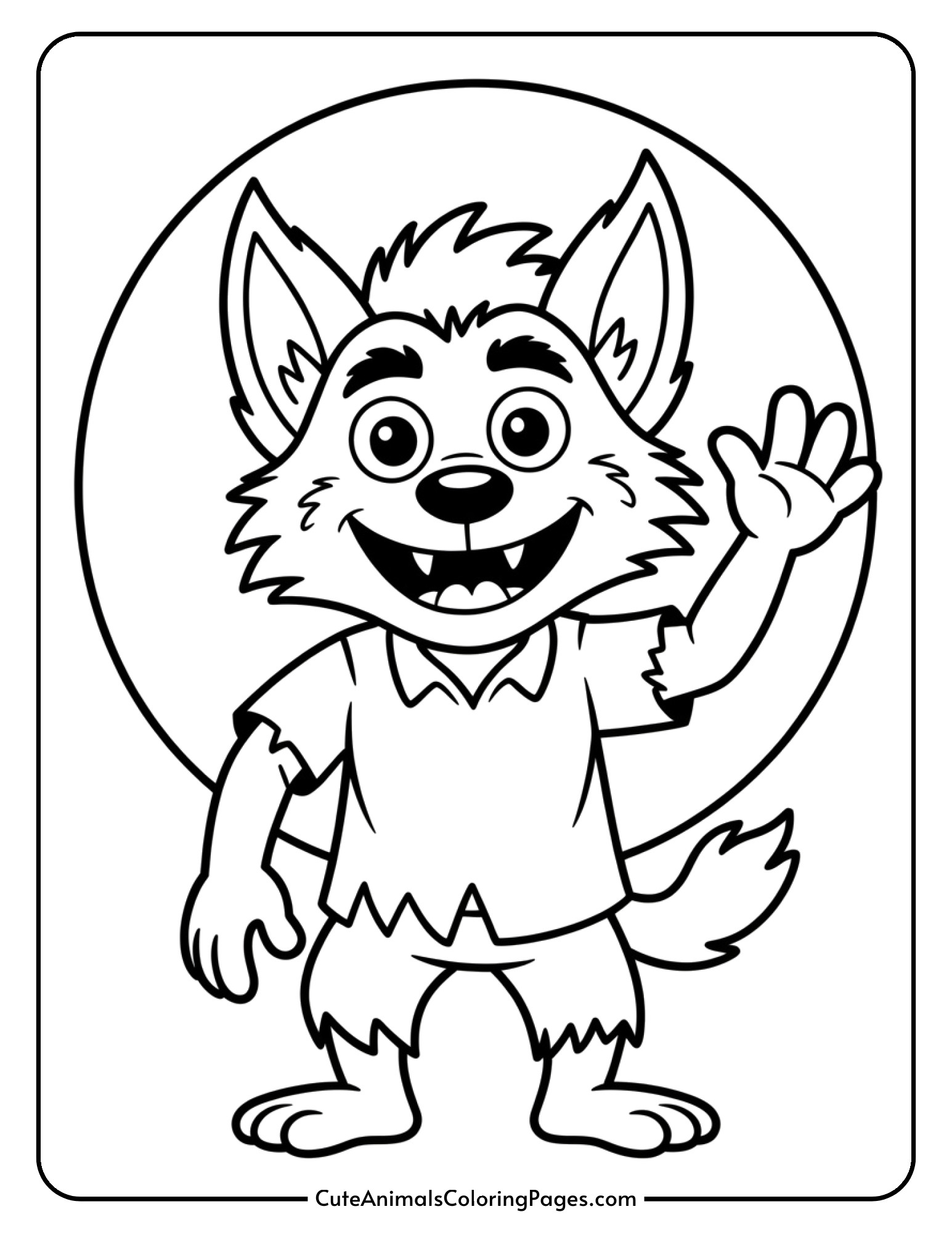A friendly cartoon werewolf with a big smile waves hello under a full moon.