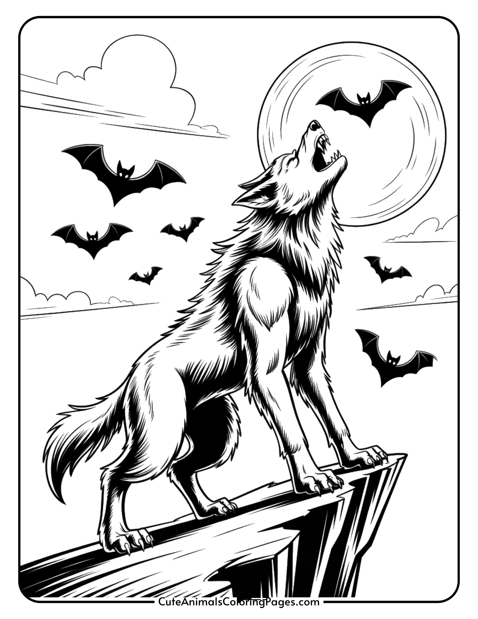 A werewolf stands on a cliff howling at a large full moon with bats flying nearby.