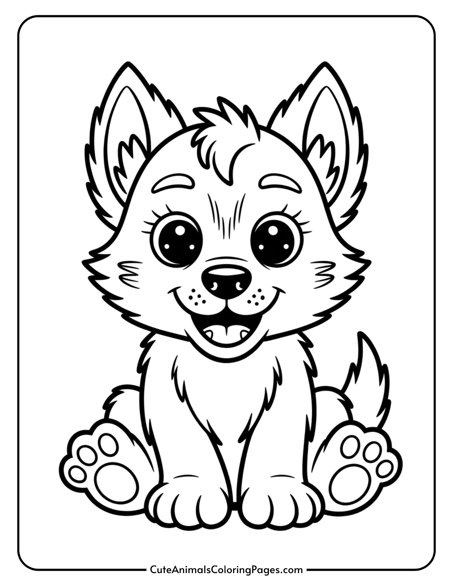 An adorable baby werewolf puppy sits with big paws and floppy ears looking cute.