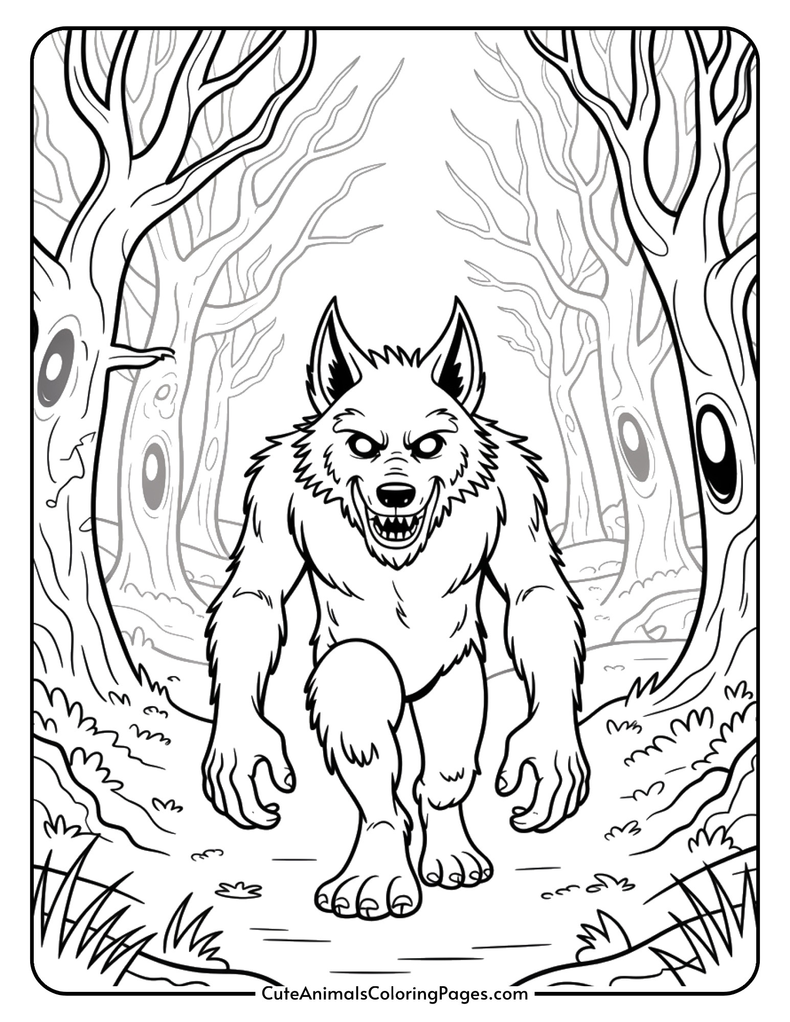 A werewolf walks through a haunted forest with twisted trees and mysterious glowing eyes.